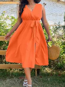 SHEIN LUNE Plus Solid Belted Dress - Orange - View 4