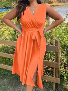 SHEIN LUNE Plus Solid Belted Dress - Orange - View 6