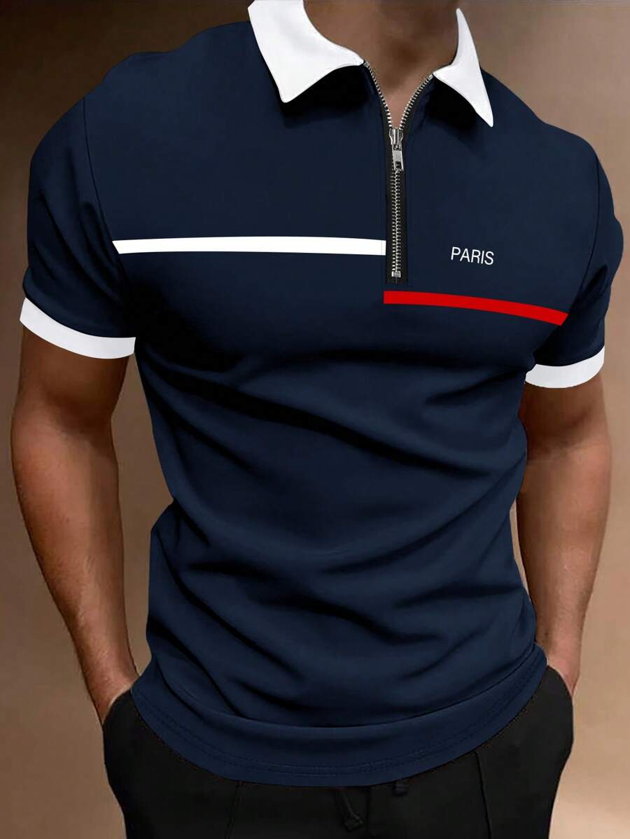 Manfinity Homme Áo thun có cổ Nam Dây kéo Lá thư Giải trí - Màu xanh hải quân - Xem 1