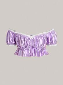 SHEIN ICON Áo sơ mi nữ Tương phản ren Viên lá sen Nếp gấp Phần Ngực Nơ Bướm màu trơn Boho - Màu Lilac Tím - Xem 6