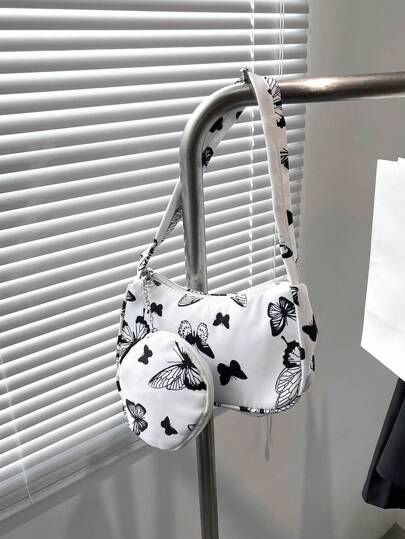 Fashion Frauen Schmetterling Grafik, Schultertasche mit lässig All-Match Achseltasche & Münzenbeutel