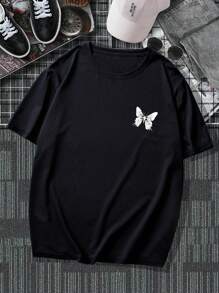 Manfinity Roghcode Men Plus Slogan & Butterfly Print Drop Shoulder Tee - Black - View 3
