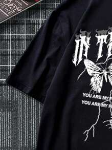 Manfinity Roghcode Men Plus Slogan & Butterfly Print Drop Shoulder Tee - Black - View 4