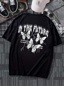 Manfinity Roghcode Men Plus Slogan & Butterfly Print Drop Shoulder Tee - Black - View 1