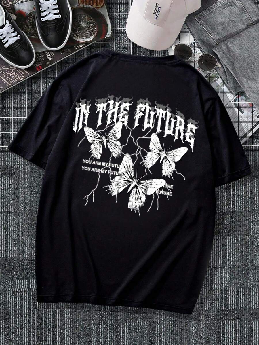 Manfinity Roghcode Men Plus Slogan & Butterfly Print Drop Shoulder Tee - Black - View 1