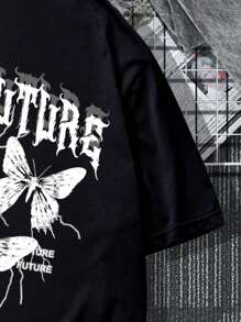 Manfinity Roghcode Men Plus Slogan & Butterfly Print Drop Shoulder Tee - Black - View 6