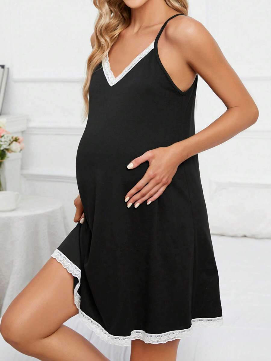 SHEIN 孕妇撞色蕾丝吊带睡裙，适合妈妈、睡衣裙