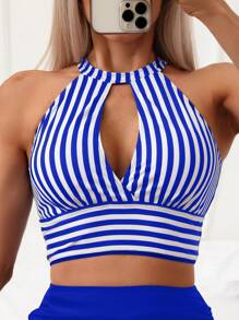 Swim Lushoire Summer Beach Striped Cut Out Drawstring Side Bikini - Blue and White - View 5