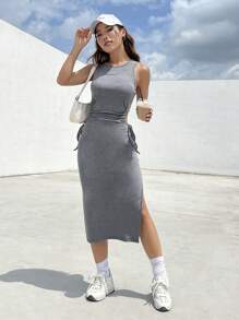 SHEIN EZwear Cut Out Drawstring Side Split Thigh Dress - Grey - View 3