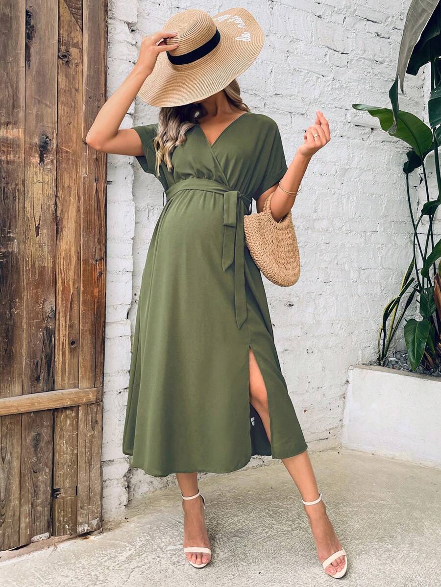 SHEIN 孕婦蝙蝠袖高衩繫腰帶洋裝