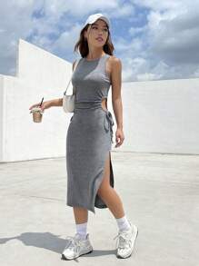 SHEIN EZwear Cut Out Drawstring Side Split Thigh Dress - Grey - View 5