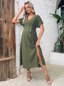 SHEIN 孕婦蝙蝠袖高衩繫腰帶洋裝