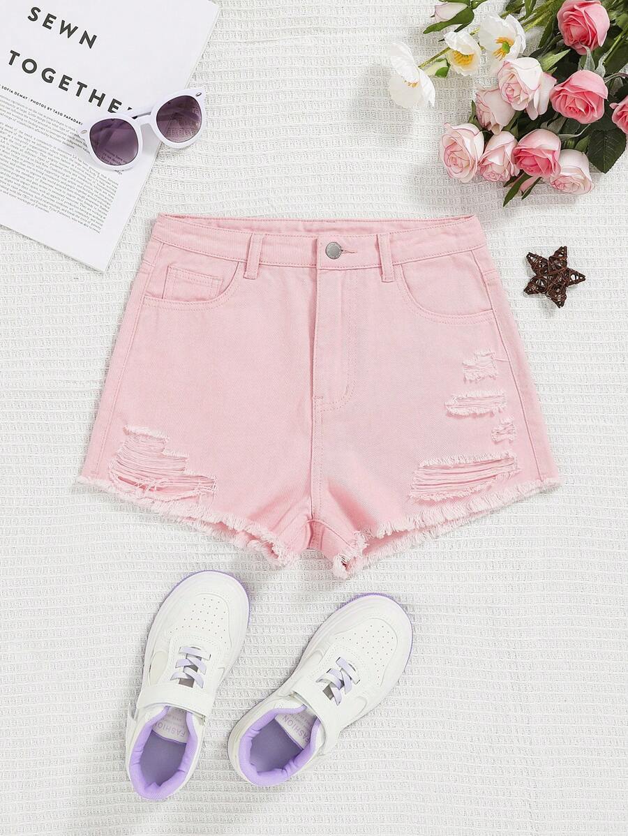 SHEIN Teen Girls Ripped Raw Hem Ripped Denim Shorts - Baby Pink - View 1