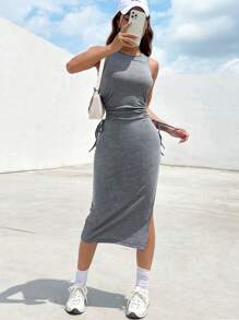 SHEIN EZwear Cut Out Drawstring Side Split Thigh Dress - Grey - View 7