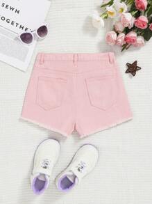 SHEIN Bé Gái Quần Shorts Denim Nút Túi Hem thô Bị tách Dây kéo màu trơn - Màu Hồng baby - Xem 2