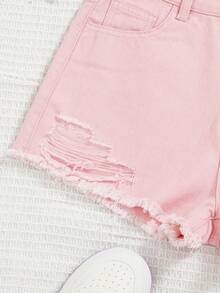 SHEIN Bé Gái Quần Shorts Denim Nút Túi Hem thô Bị tách Dây kéo màu trơn - Màu Hồng baby - Xem 5