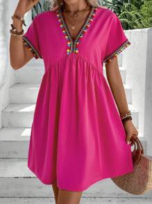 Breezaya 織帶拼接蝙蝠袖流蘇邊娃娃裙 - 玫紅色 - 查看 1