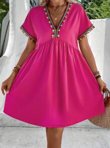 Breezaya 織帶拼接蝙蝠袖流蘇邊娃娃裙 - 玫紅色 - 查看 4