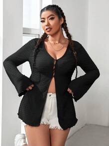 SHEIN EZwear Plus Lettuce Trim Flounce Sleeve Button Front Tee - Black - View 1