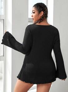 SHEIN EZwear Plus Lettuce Trim Flounce Sleeve Button Front Tee - Black - View 2