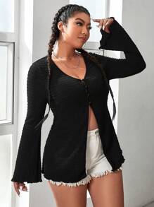 SHEIN EZwear Plus Lettuce Trim Flounce Sleeve Button Front Tee - Black - View 4