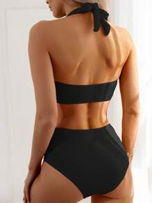 SHEIN Swim Summer Beach Solid Halter High Waisted Bikini Set - Black - View 2