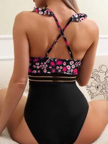 SHEIN Swim Bañador una pieza con estampado floral de malla ribete con fruncido - Multicolor - Ver 2