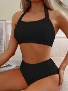 SHEIN Swim Summer Beach Solid Halter High Waisted Bikini Set - Black - View 4