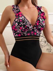 SHEIN Swim Bañador una pieza con estampado floral de malla ribete con fruncido - Multicolor - Ver 3