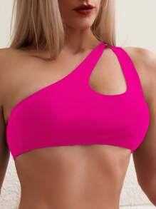 SHEIN Swim 素色鏤空單肩比基尼泳裝 - 玫紅色 - 查看 4