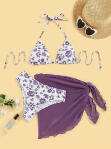 Swim Mod Summer Beach Floral Print Halter Triangle Bikini Set With Beach Skirt
