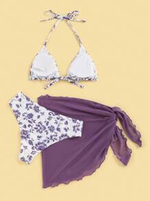Swim Mod Summer Beach Floral Print Halter Triangle Bikini Set With Beach Skirt