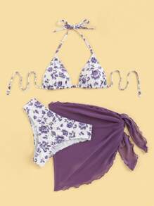 Swim Mod Summer Beach Floral Print Halter Triangle Bikini Set With Beach Skirt