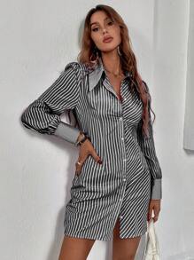 Aveloria Striped Print Button Front Shirt Dress