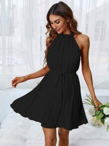 Aveloria Solid Belted Halter Dress - Black - View 4