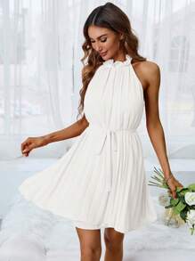 Aveloria Solid Belted Halter Dress - White - View 4