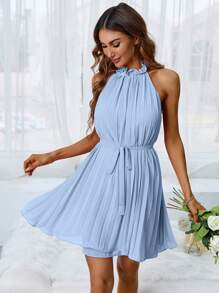 GENKIRA Frill Trim Belted Halter Dress - Baby Blue - View 4