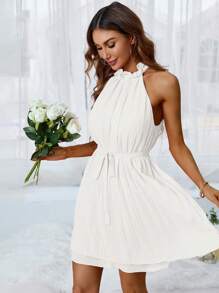 Aveloria Solid Belted Halter Dress - White - View 5