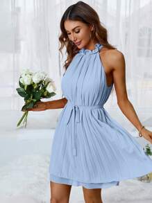 GENKIRA Frill Trim Belted Halter Dress - Baby Blue - View 5