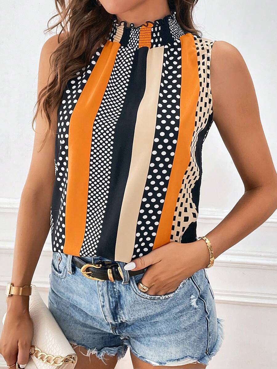 SHEIN Privé Polka Dot & Striped Print Mock Neck Blouse - Multicolor - View 1