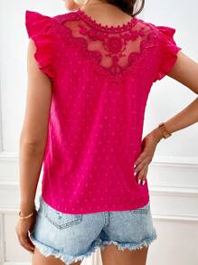SHEIN Privé 圓點蕾絲拼接荷葉邊襯衫 - 玫紅色 - 查看 4