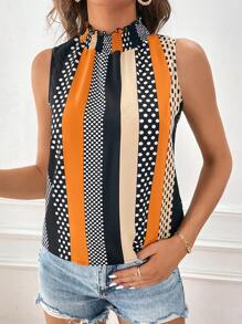 SHEIN Privé Polka Dot & Striped Print Mock Neck Blouse - Multicolor - View 4