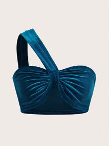 Aveloria One Shoulder Ruched Bust Velvet Crop Top - Teal Blue - View 1
