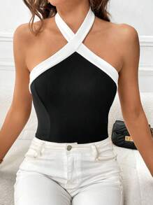 SHEIN Privé Contrast Trim Halter Neck Backless Bodysuit - Black - View 1