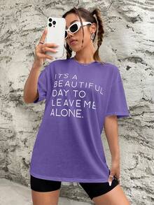 SHEIN EZwear 標語圖案落肩T恤 - 紫色 - 查看 3