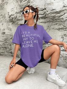 SHEIN EZwear 標語圖案落肩T恤 - 紫色 - 查看 4