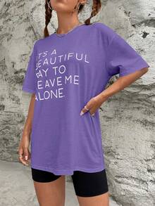 SHEIN EZwear 標語圖案落肩T恤 - 紫色 - 查看 5