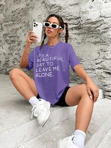 SHEIN EZwear 標語圖案落肩T恤 - 紫色 - 查看 6