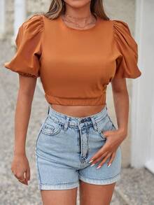 Puff Sleeve Crop Blouse - Orange - View 4