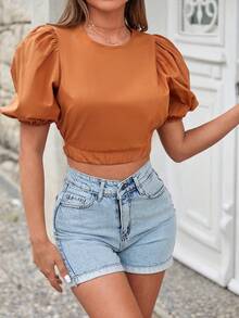 Puff Sleeve Crop Blouse - Orange - View 5